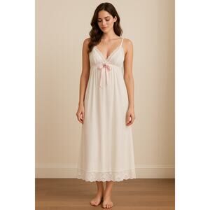 Vintage 60s Val Mode Baby Doll Lace Trim Rosette Maxi Slip Dress Size Medium